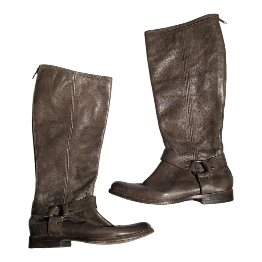 Frye Philip Harness Mushroom Brown Leather Knee High Back Zip Riding Boots Sz 8